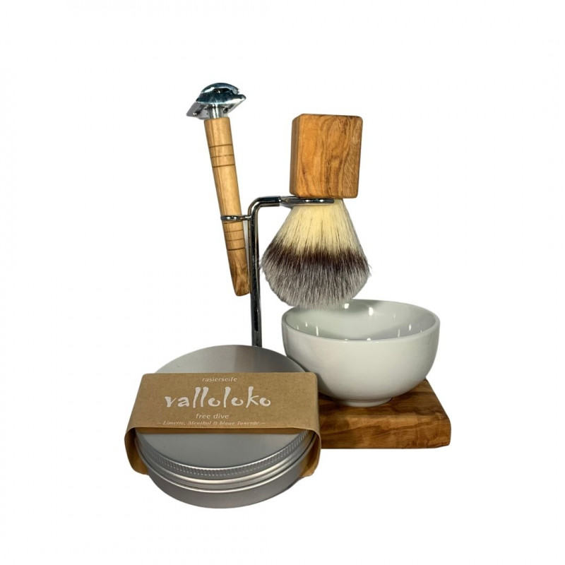 Pacchetto da barba per rasoi bagnati, con vaso da barba e porta rasoio  'shelf' (rasoio, pennello e sapone a scelta)