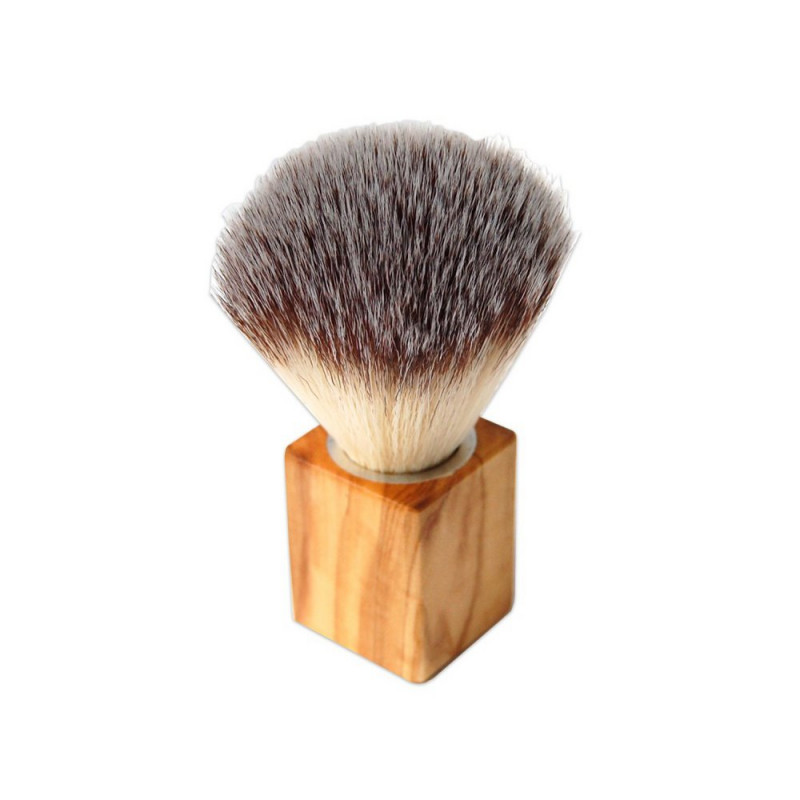VEGAN Shaving brush synthetic hair - CUBE handle, made of olive wood